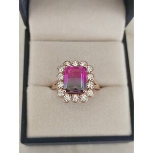 Watermelon Tourmaline‎ Ring, Sterling Silver, Lab Diamonds, Size 7